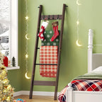 Hzuaneri Blanket Ladder for Living Room, Decorative Quilt Rack with 4 Removable Hooks, 5-Tier Farmhouse Ladder Holder Shelf O