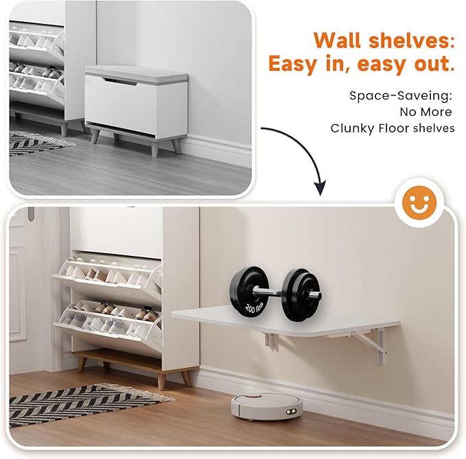 Foldable Floating Wall Shelves 20 inch, Bathroom Shelves Wall Mounted,12" Deep Wood Floating Kitchen shelves,Easy to Install 