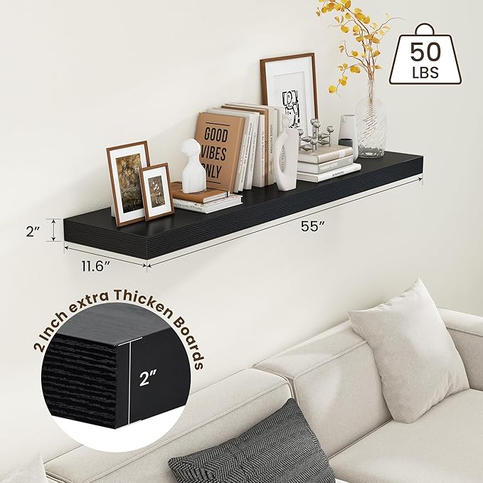 12 Inch Deep Floating Shelves | 55 Inch Black Floating Shelves | 55" W x 12" D Rustic Wood Shelves for Wall | Deep Black Shel