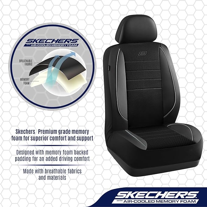 Skechers Air-Cooled Memory Foam Seat Covers,Mesh Thick Car Seat Covers,Piping Leather Car Seat Covers Front Seats,Airbag Comp