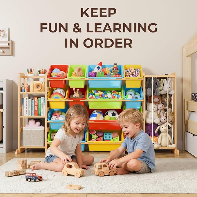 Storage Organizer with Bookshelf and Stuffed Animal Storage - Playroom Organization with Shelves and 12 Bins - Living Room Bo