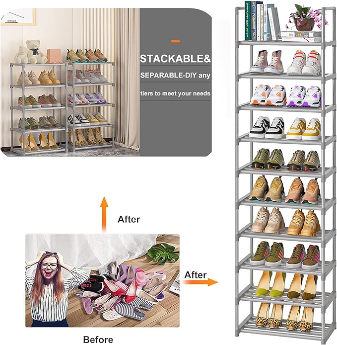 OYREL 10-Tier Metal Shoe Rack, Narrow Shoe Rack Organizer, Sturdy Shoe Shelf for Closets, Entryway, Bedroom, Garage - Silver