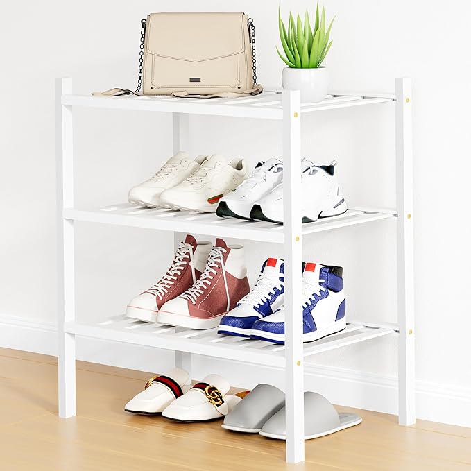 Smiry Shoe Rack, 3 Tier Small Bamboo Shoe Organizer, Stackable Free Standing Wooden Shoe Storage Shelf for Closet, Entryway, 