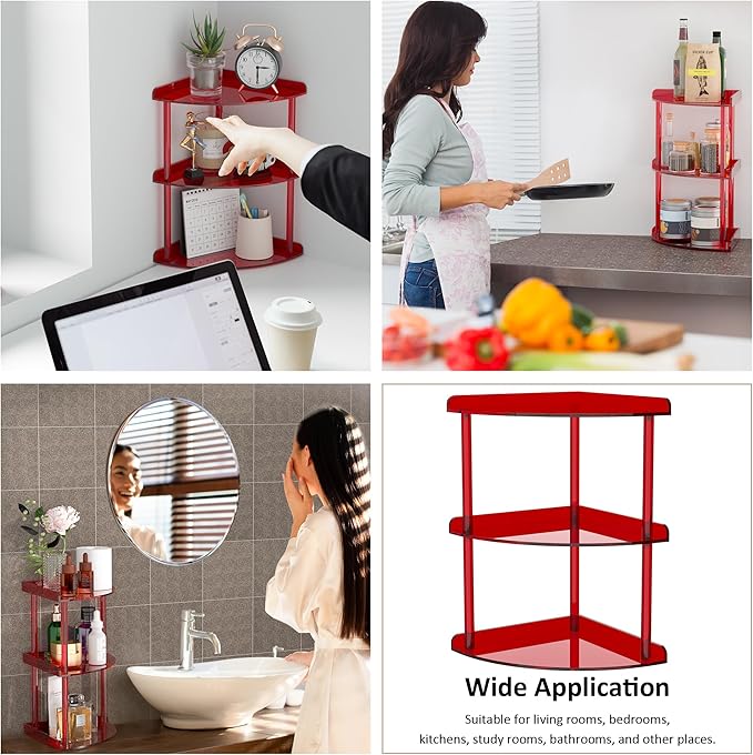Sezanrpt 3 Tier Acrylic Corner Shelf Organizer Storage 9.5x9.5x15.7 Inch, Red Countertop Corner Shelf for Bathroom, Kitchen, 