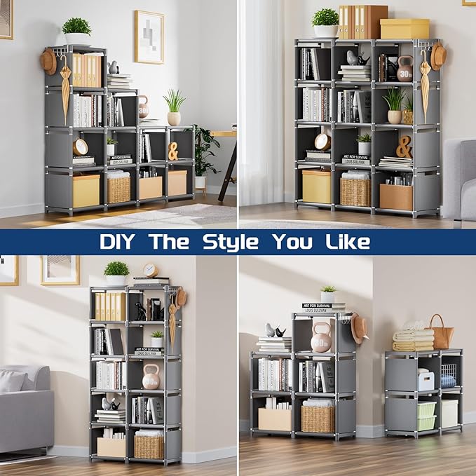 Mavivegue Book Shelf, 12 Cube Storage Organizer, DIY Bookcase, Metal Cube Bookshelf,Tall Book case for Bedroom, Living Room,O