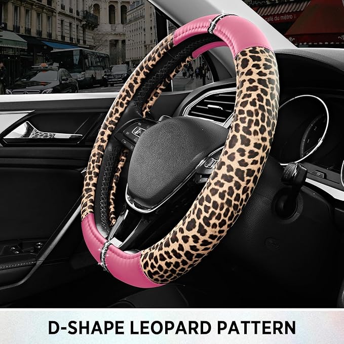 Road Comforts Leopard Steering Wheel Cover for Women, Cute Anti-Slip Microfiber Leather, Fits D Shape Flat Bottom Steering Wh