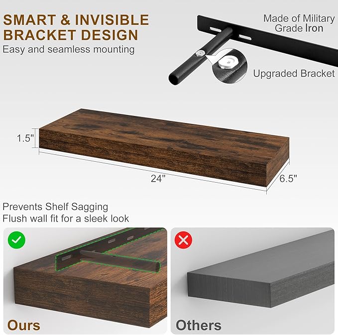 Fun Memories Floating Shelves for Wall, 24Inch Floating Shelves Set of 2, Hanging Shelf with Invisible Brackets, Wood Shelves