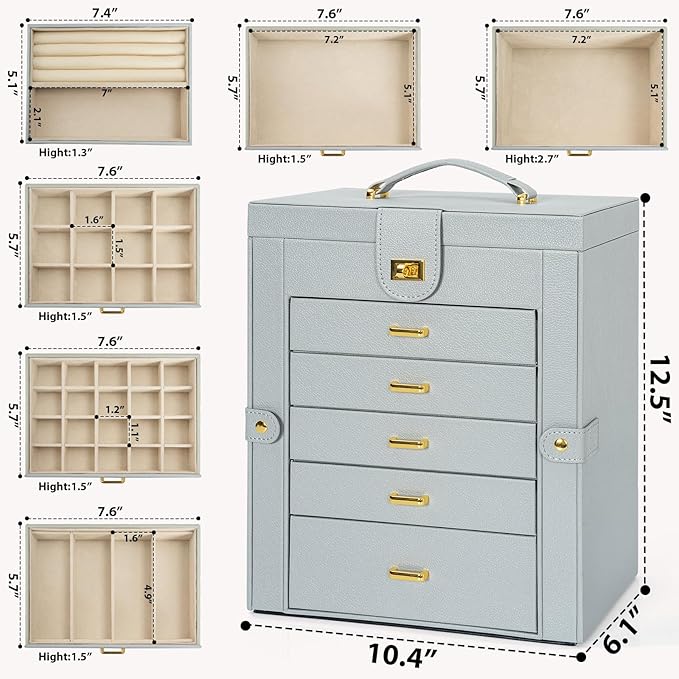 AKOZLIN Large Jewelry Box Organizer Functional with Big Mirror, Leather Jewelry Storage Case for Women Girls Ring Necklace Ea