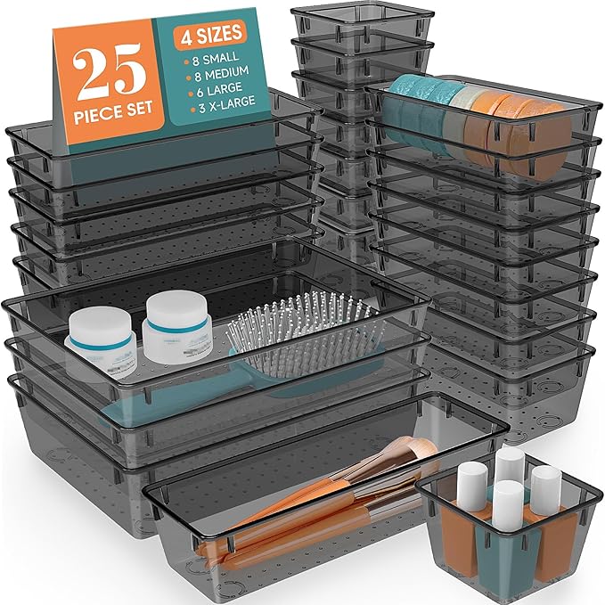 WOWBOX 25 PCS Plastic Drawer Organizer Set, Desk Drawer Divider Organizers and Storage Bins for Makeup, Jewelry, Gadgets for 