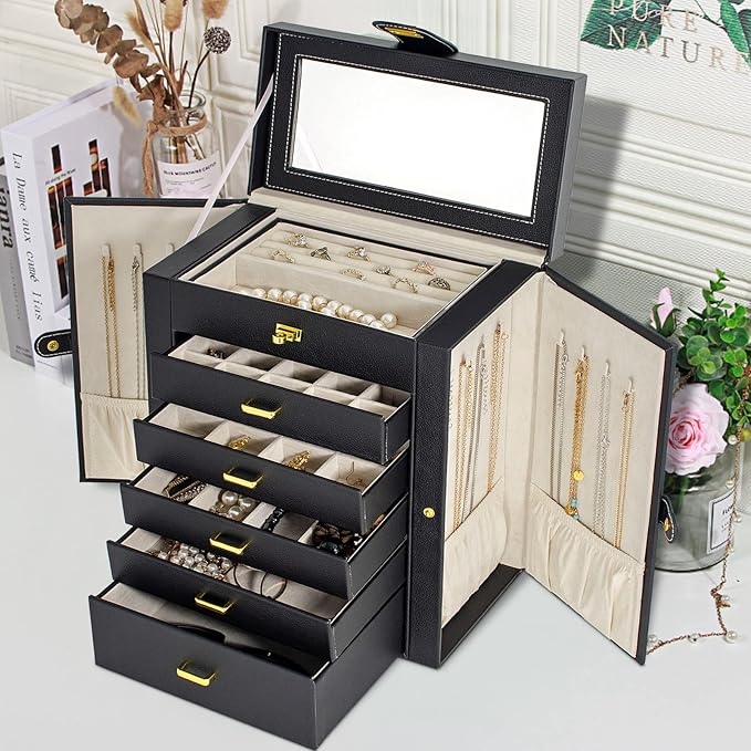 AKOZLIN Large Jewelry Box Organizer Functional with Big Mirror, Leather Jewelry Storage Case for Women Girls Ring Necklace Ea