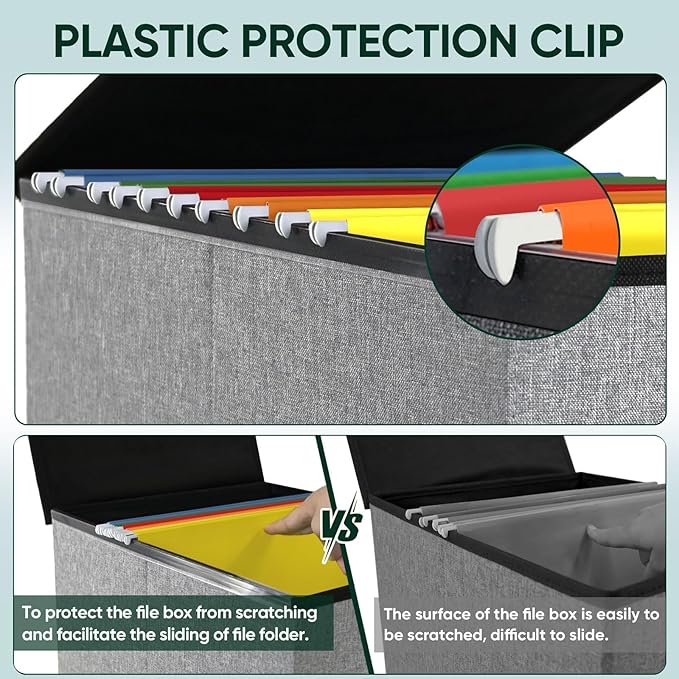 BALEINE File Organizer Box with Lid, Collapsible File Folder Organizer with Plastic Slide, Hanging File Folder Box for Office