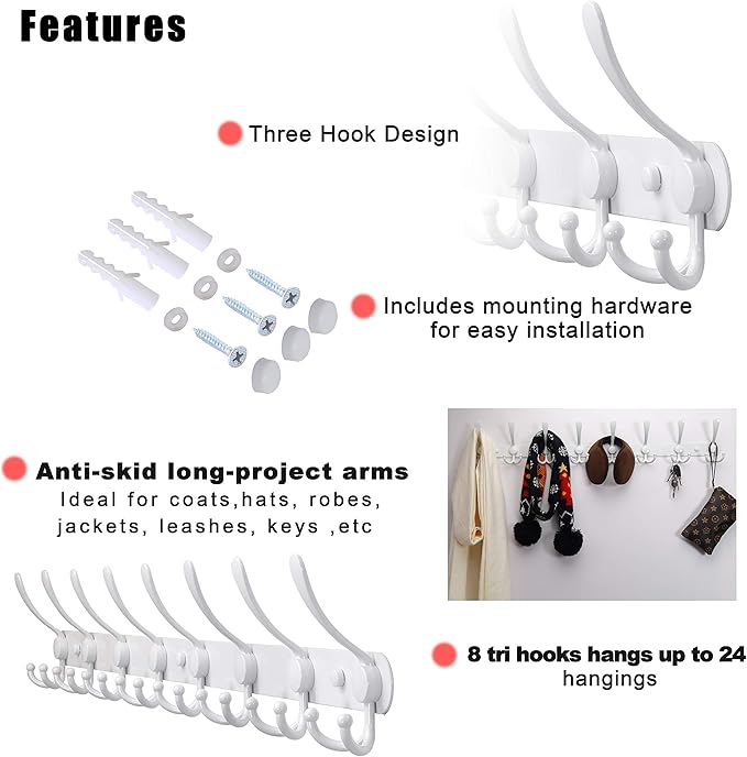 Dseap Coat Rack Wall Mount - 29.5” Long 8-Tri-Hooks Heavy Duty Coat Hanger Rail Wall Hooks for Hanging Coats Hats Clothing Cl