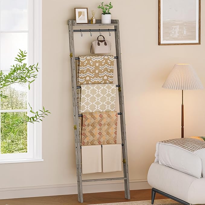 Hzuaneri Blanket Ladder Shelf, Decorative Quilt Rack, 7-Tier Farmhouse Ladder Holder Organizer with 4 Removable Hooks 7.9" D 