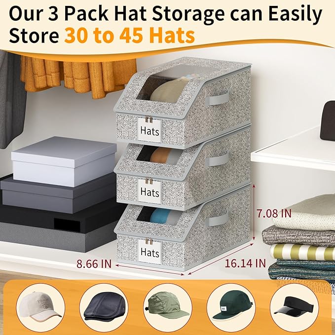 3 Pack Stackable Hat Organizer for Baseball Caps, Hat Storage with Clear Window Lid, Holds up to 45 Ball Cap Storage Organize