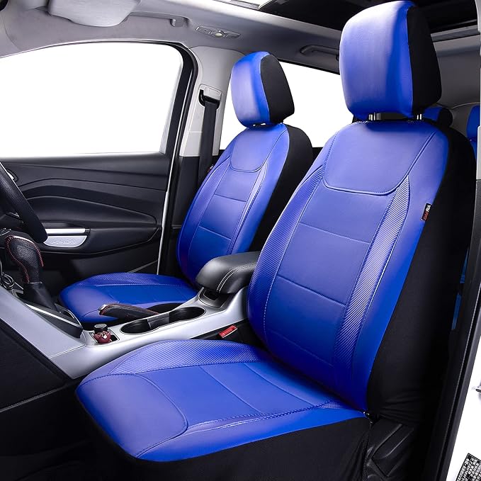 Flying Banner car seat Covers Protects Water Proof Faux Leather Carbon Fiber Fronts Rear Bench Covers (Blue Blue, Full Set - 