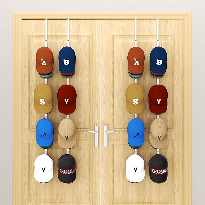 HapiRm Over Door Hat Rack - 4 Packs Metal Hanging Hat Organizer with 16 Hooks Design, Baseball Cap Hanger Organizer Storage H