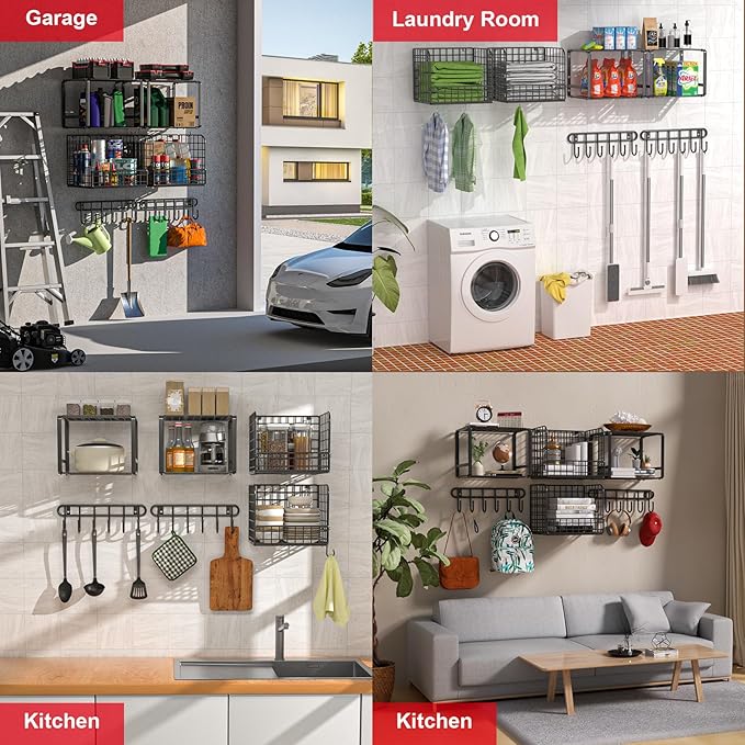 TomCare 2 Pack Garage Shelving Heavy Duty Garage Storage Shelves with Wire Baskets Laundry Room Shelves Wall Mounted shelving