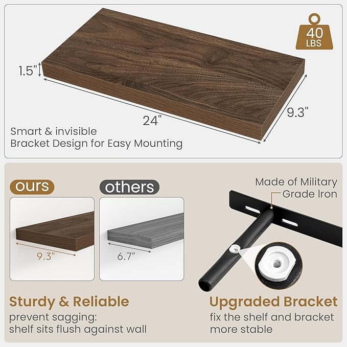 24"W x 9.3"D Floating Shelves for Wall, Wall Mounted Bathroom Shelves 2 Pack Deep Floating Shelf for Bedroom Kitchen Living R