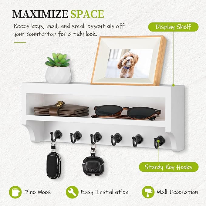 Nekon Key Holder Wall Mount, 12.8" W x 5.6" H x 3.7" D Wall Mounted Key and Mail Organizer with 6 Key Hooks, Key Racks for Ho