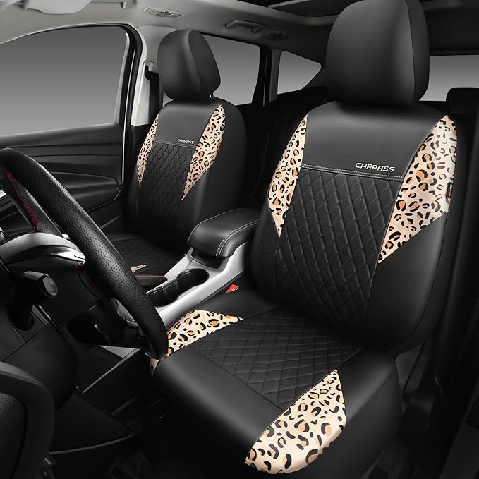 CAR PASS Leather Leopard Two Front Seat Cover Only, Universal Quilting Waterproof Deluxe PU Premium Vinyl Luxury Car Seat Cov