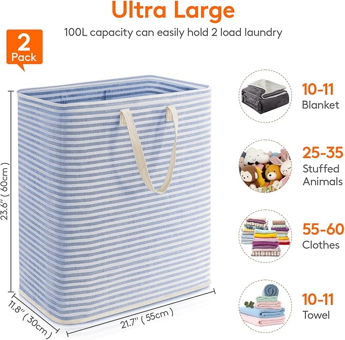 Lifewit 2 Pack Laundry Basket 100L Each, Collapsible Clothes Hamper with Reinforced Handles, Freestanding Waterproof Design f
