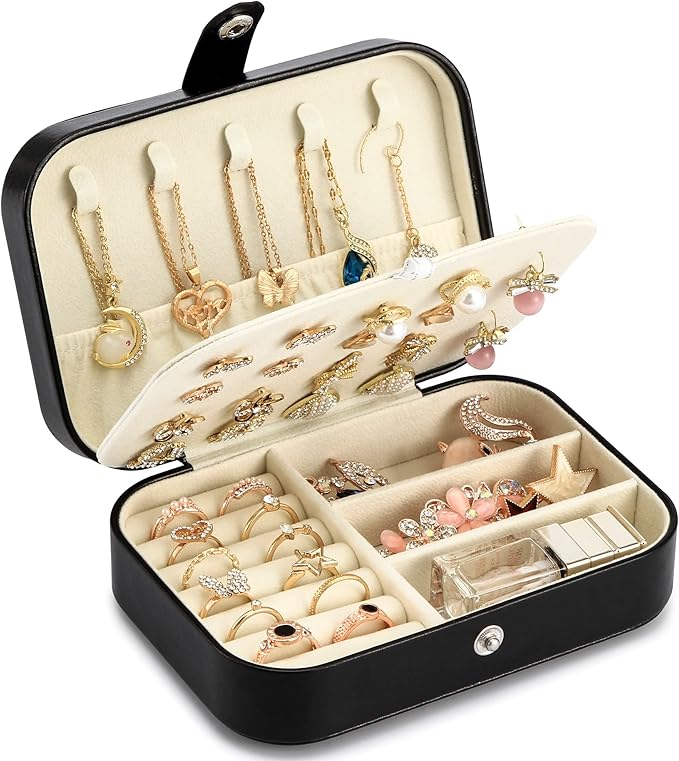 Travel Jewelry Box, PU leather Small Jewelry Organizer For Female Girls, double layer portable mini travel case for storing e