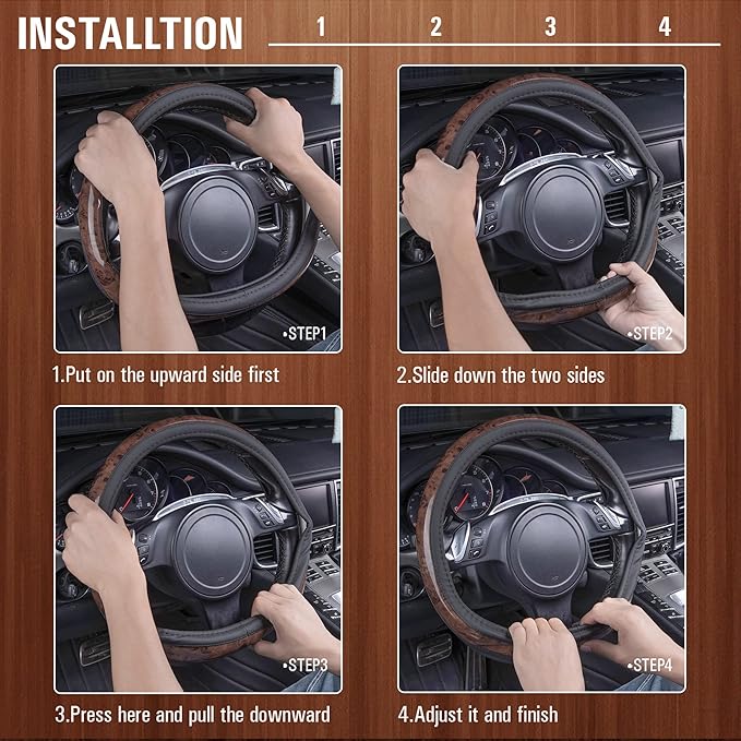 CAR PASS Wood Grain Microfiber Leather Steering Wheel Cover, Universal Fit for 14 1/2-15 inch Black Steering Wheel, Anti-Skip