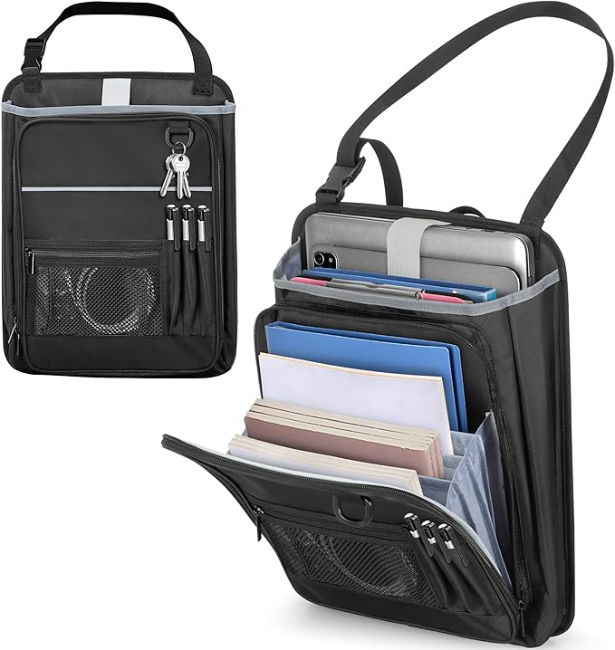 LUXJA Car Front Seat Organizer with Accordion File Pocket, Passenger Seat Organizer with Laptop Sleeve (Up to 15.6 In) and Adjustable Strap, Black