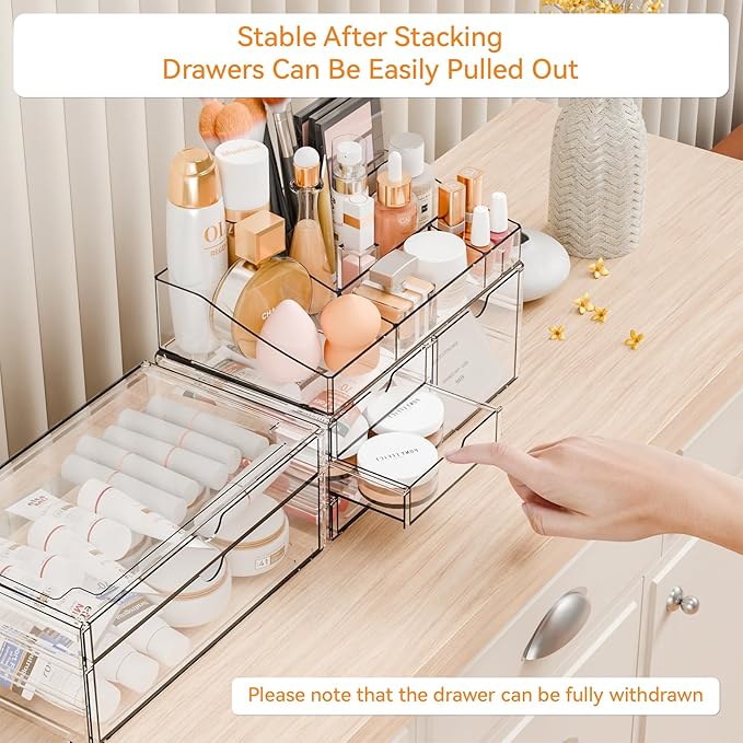 Yieach Acrylic Make up Organizers for Counter,Desk and Vanity,3 Pack Stackable Bathroom Counter Organizer with Drawers,Large 
