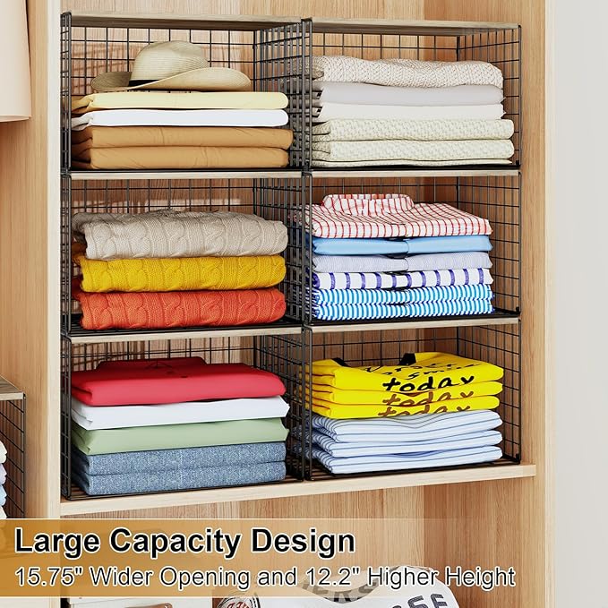 Widened & Heightened Closet Organizers And Storage Shelves With Top Board, Set of 3 Stackable Closet Shelf Organizer Storage 
