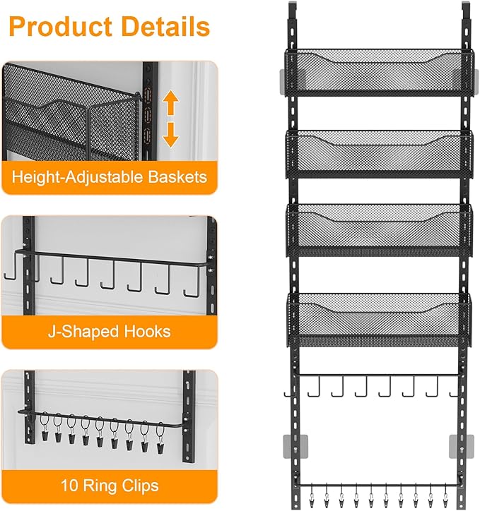 Over the Door Organizer, 2 in 1 Metal Hanging Closet Organizer & Hat Rack with 4 Adjustable Baskets, 8 Hooks, 10 Clips, Behin