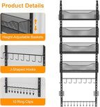 Over the Door Organizer, 2 in 1 Metal Hanging Closet Organizer & Hat Rack with 4 Adjustable Baskets, 8 Hooks, 10 Clips, Behin
