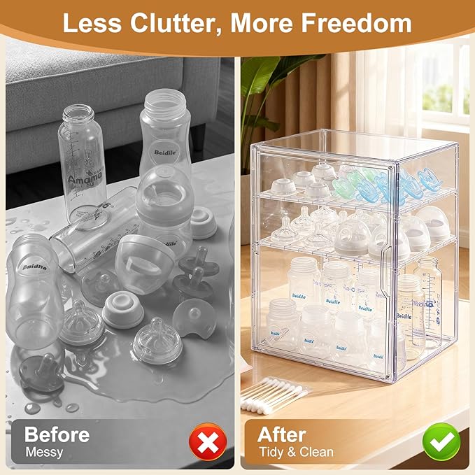 ERTIUANIO Baby Bottle Organizer – 3 Tier Bottle Storage Organizer Baby for Bottles, Nipples, Pump Parts, Food Jars – Clear Nu