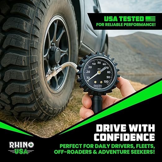 Rhino USA Tire Pressure Gauge with Inflator (0-100 PSI) - Heavy Duty Air Chuck and Compressor Accessories with Stainless Braided Hose, Large Analog Dial and Solid Brass Hardware for Truck and RV