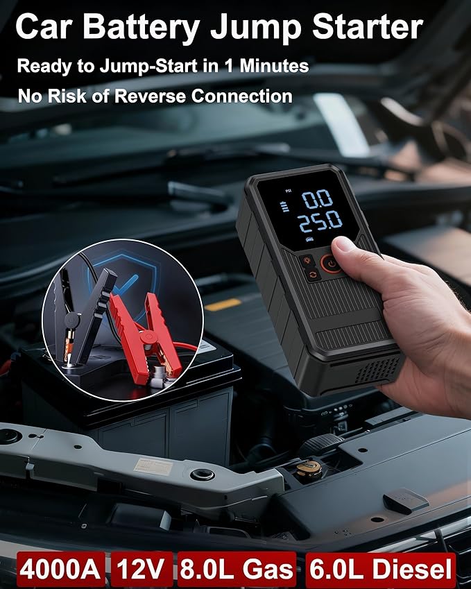 Car Jump Starter with Air Compressor, 4000A Portable Jump Starter for Dead Battery, 150 PSI Tire Inflator with Auto