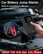 Car Jump Starter with Air Compressor, 4000A Portable Jump Starter for Dead Battery, 150 PSI Tire Inflator with Auto