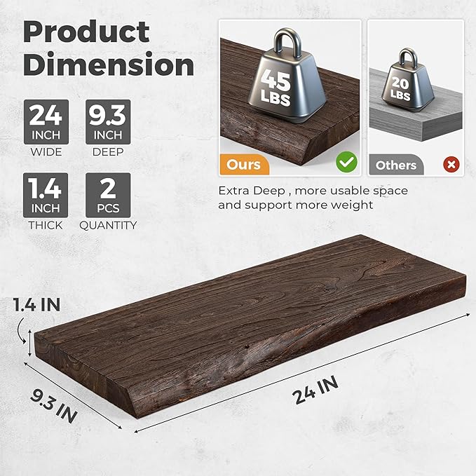 RICHFOCUS Live Edge Elm Floating Shelves - 24" W x 9.3" D Rustic Solid Wood Wall Shelves with Invisible Bracket, Wall-Mounted
