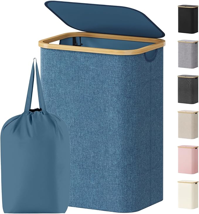 Lifewit 80L Laundry Basket with Lid, Clothes Hampers for Laundry with Bamboo Handles and 1 Removable Bag, Large Foldable Laun