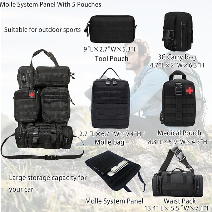 7 PACK Tactical Car Seat Back Organizer With 5 Detachable Pouches Upgrade Tactical Molle Vehicle Panel Organizer Universal fits for Most of Car Truck Ford Jeep Vehicle