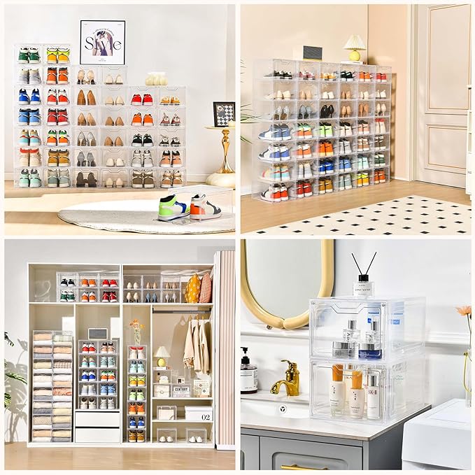 12 Pack Thicken & Sturdy Clear Shoe Storage Organizer with Magnetic Door, Shoe Boxes Clear Plastic Stackable for Closet, Shoe