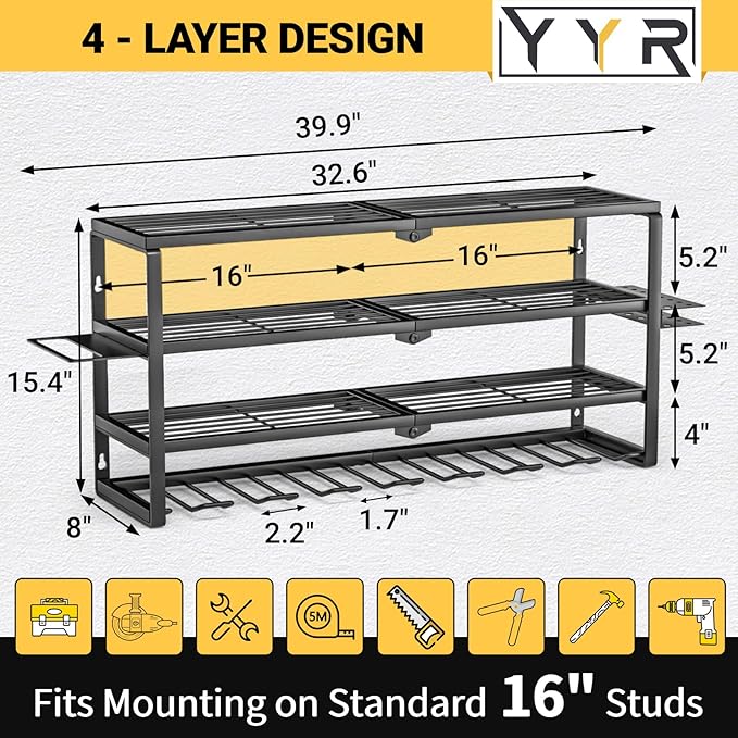 YYR 4 Layer Power Tool Organizer Wall Mount, Cordless Drill Hanger Storage Rack, Battery Tools Holder with Charging Station S
