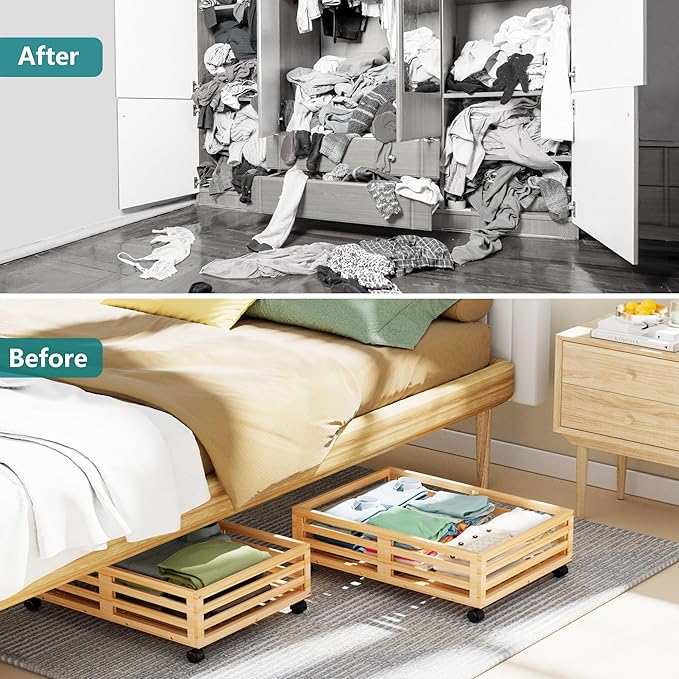 Wisuce Bamboo Under Bed Storage Containers- Underbed Organizer with Wheels with Large Dust Bag,Sturdy Wood Rolling Under the 
