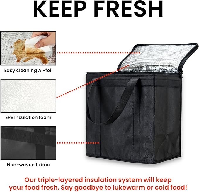 NZ home Insulated Bags for Food Delivery (Medium) Grocery Shopping Cooler Bag, Pizza Delivery, Hot & Cold Catering Tote, Reusable, Foldable & Heavy Duty (Black)
