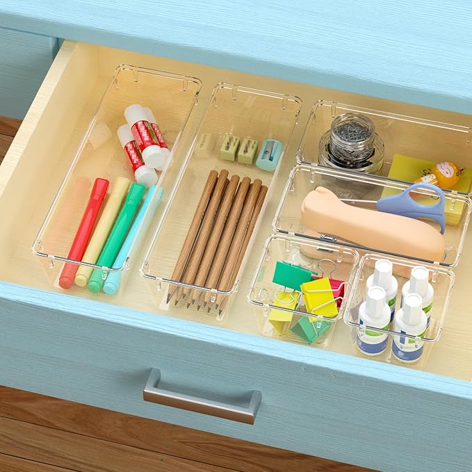 WOWBOX 12 Pack Clear Drawer Organizer Set, Acrylic Drawer Storage Trays, Storage Bins for Makeup, Cosmetics, Jewelries, Utens