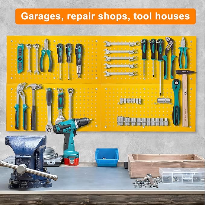 Metal Peg Board Panels for Workbench, Shop, Shed Modular Peg Board Organizer Board Kit, pegboard Wall Organizer(4 Pack, Yello