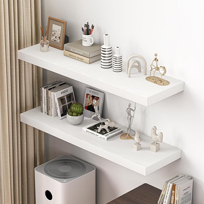 Dreamland 48" Floating Shelves for Wall, 12" Deep Thicker White Floating Shelves, Wall-Mounted Shelves for Bedroom, Living Ro