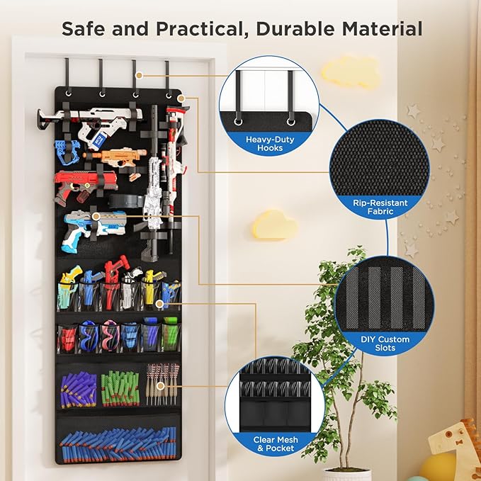 Over the Door Organizer for Toy Guns, Toys Storage Door Hanger with Pockets and Slots for Kids Foam Blasters, Darts, Goggles,