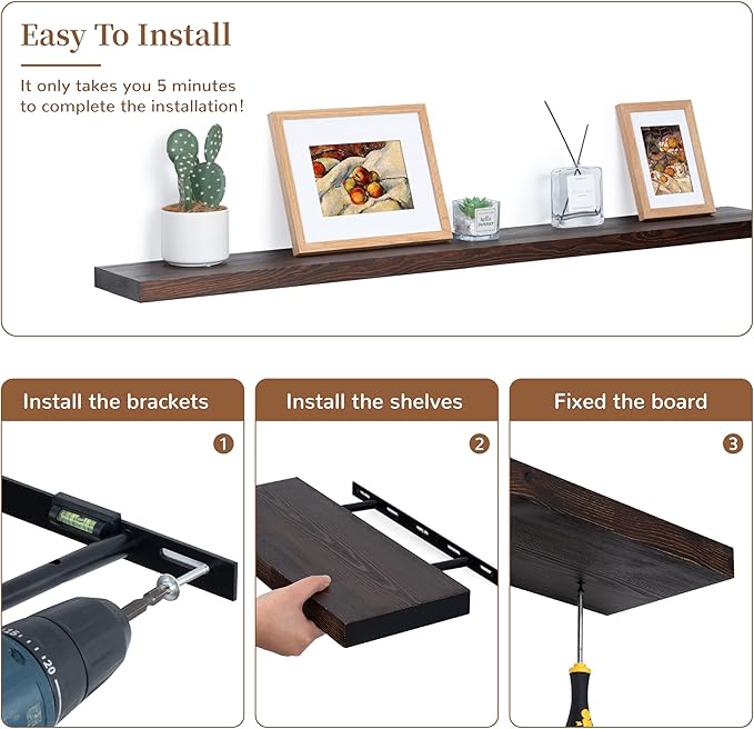 Marsmiles Wood Floating Shelves | 48 Inch Dark Wood Wall Shelves Set of 1 | 48" W x 6.7" D Rustic Wooden Shelves for Bathroom