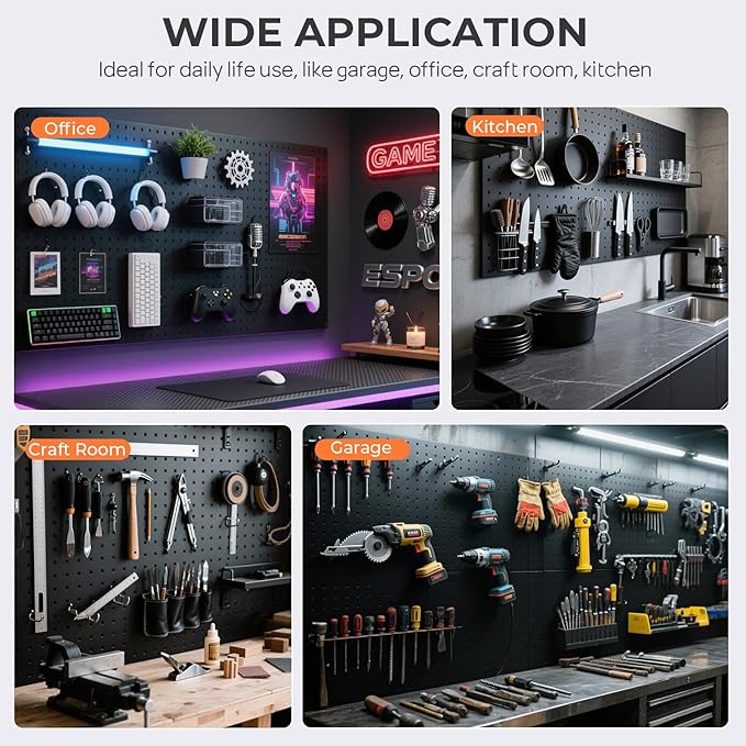 INCLY 70PCS Pegboard Wall Organizer, 4PCS Metal Peg Board Panels with 66PCS 1/4" Pegboard Hooks Accessories Kit, Black Peg Bo