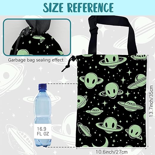 Car Trash Bag Abstract Green Aliens and UFO Leak-Proof Car Garbage Bag with Drawstring Foldable Canvas Trash Bin with Adjustable Buckle for Car Accessories